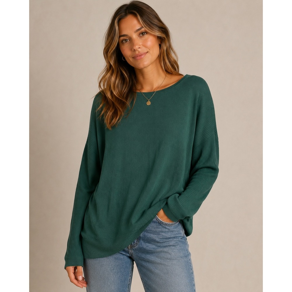 Lulu-B Sweater Modal Blend Top Green Ribbed Sleeve Pocket Capsule Women Large